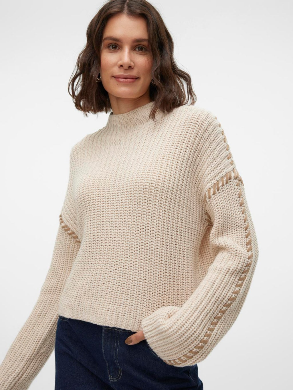 Vero Moda Newcream Blanket Stitch Funnel Neck