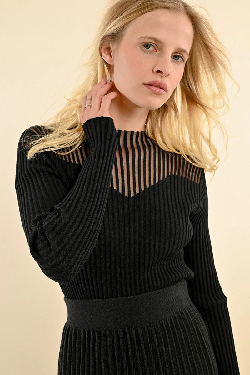 Molly Bracken Ribbed Sheer Long Sleeve BLK