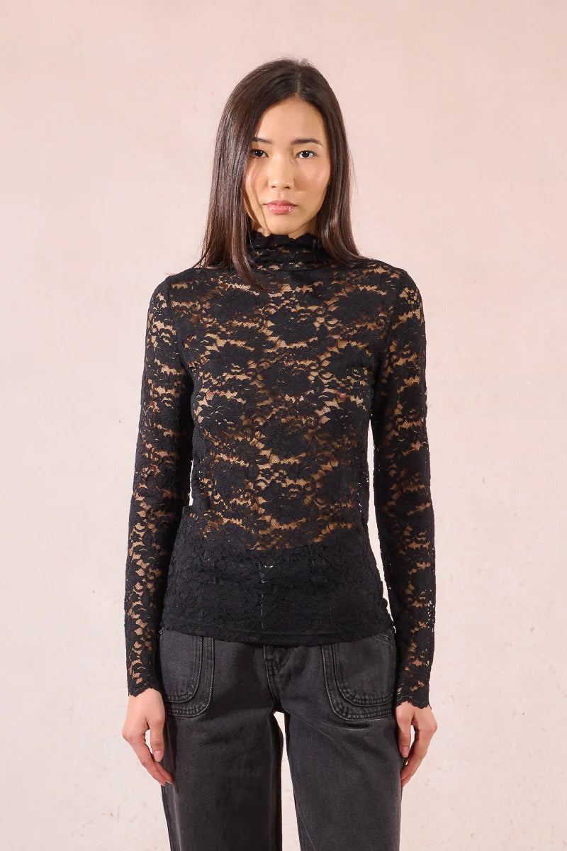 Molly Bracken Lace Mock Neck L/S Top BLK