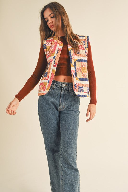 Jenny Joans Curtain Call Patchwork Vest RED/NVY