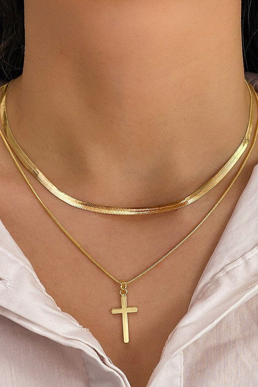 JJTL Layered Cross/ Snake Necklace GLD