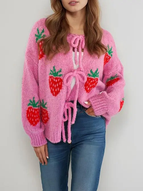 JJTL Berry Sweet Tie Front Cardi PNK