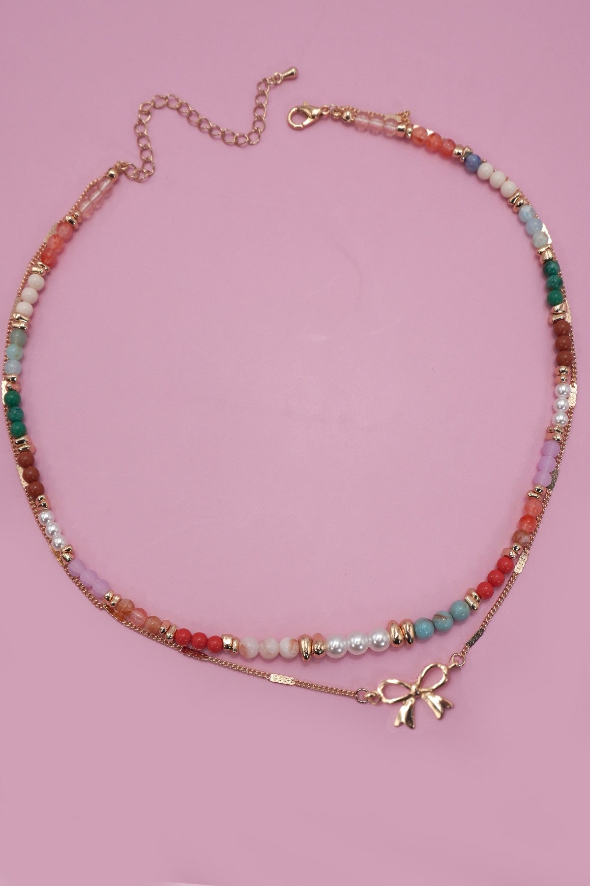 JJTL Beaded Multi Layer Bow Necklace GLD