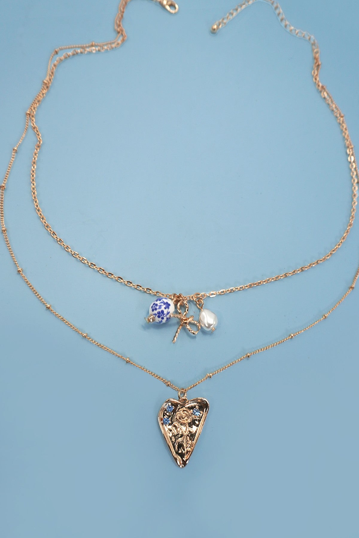JJTL Porcelain Layer Bow Heart Charm Necklace