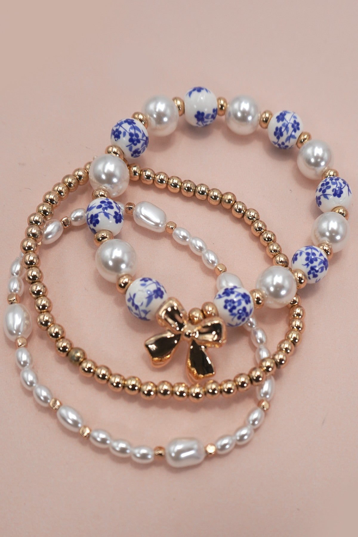 JJTL Ceramic Porcelain Bow Layered Bracelet Set BLU