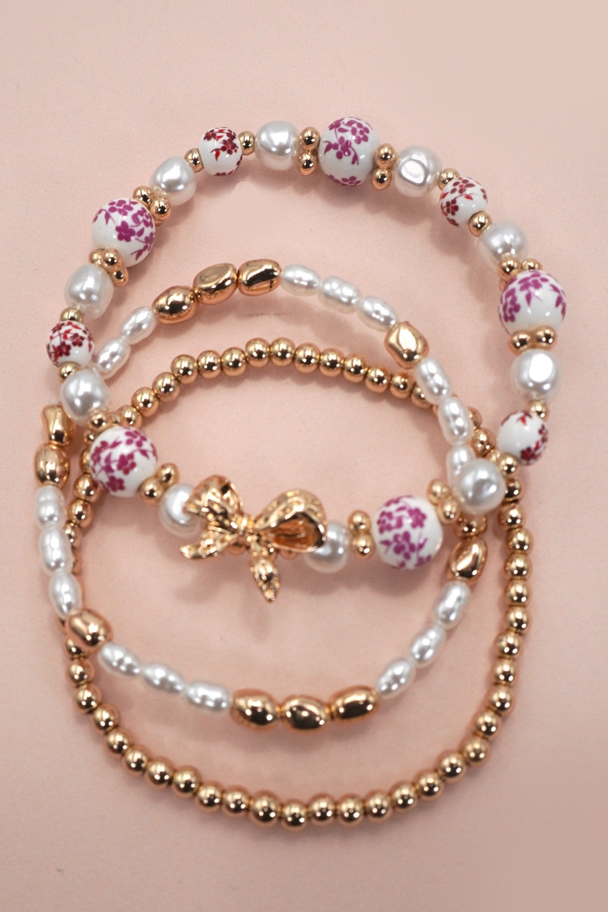 JJTL Porcelain Bow Multi Layer Bracelet Set PNK