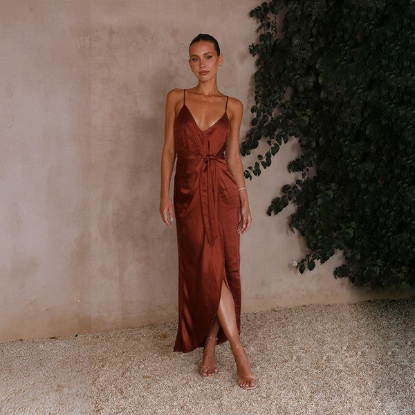 JJTL Deluca Tie Front Style Midi Dress RUST