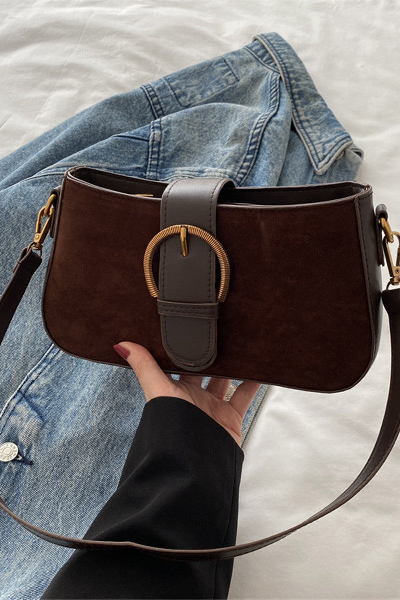JJTL Suede Circle Buckle Shoulder Bag COFFEE
