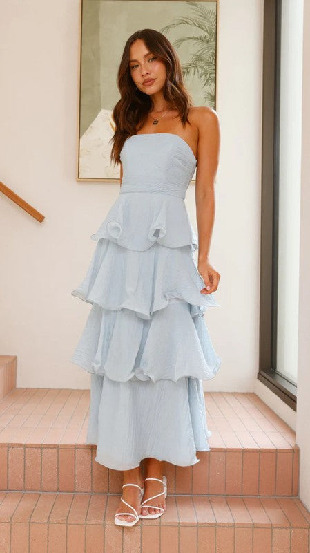 JJTL Alexia Strapless Ruffle Maxi Dress BLU