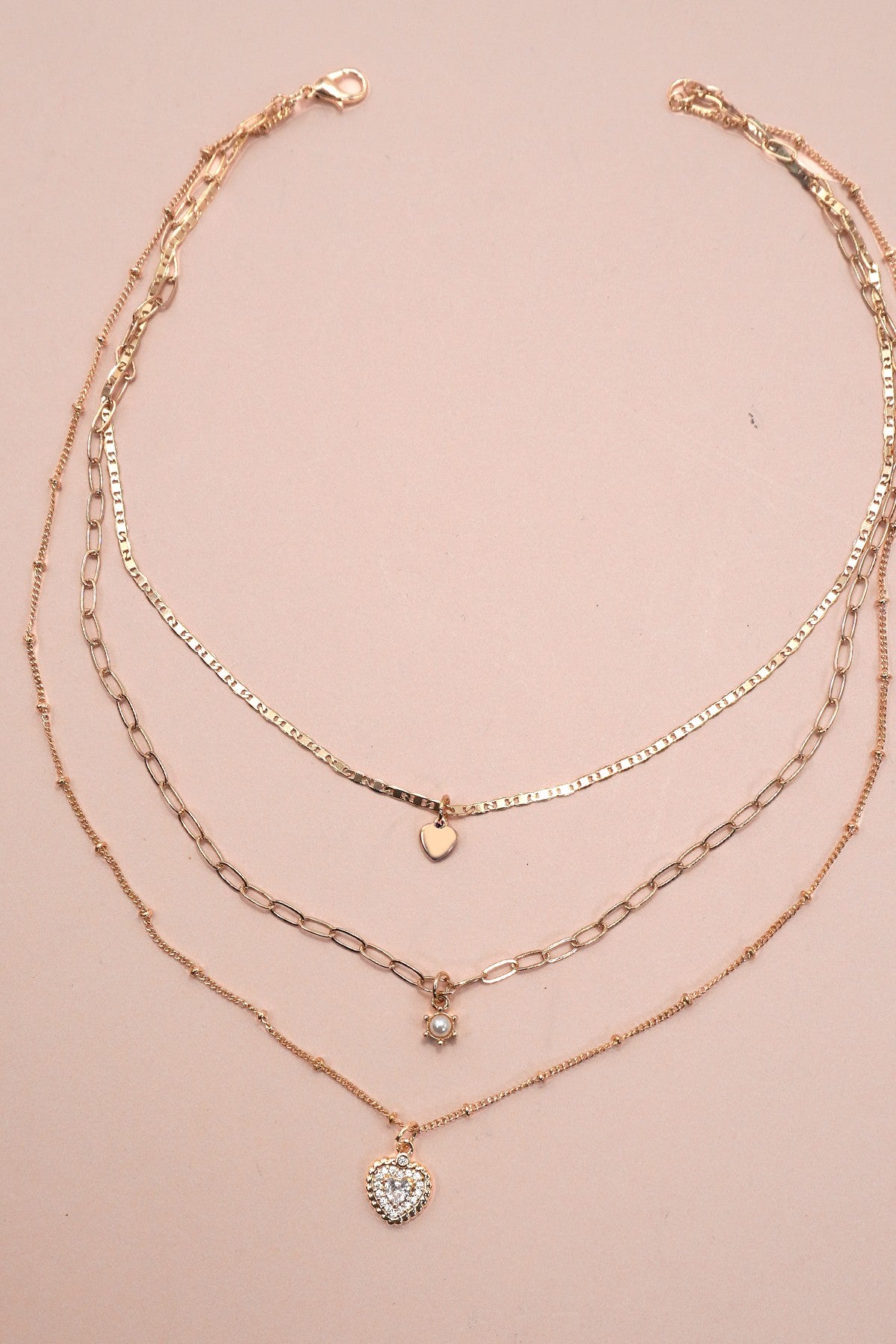 JJTL Multi Layer Rhinestone Heart Necklace GLD