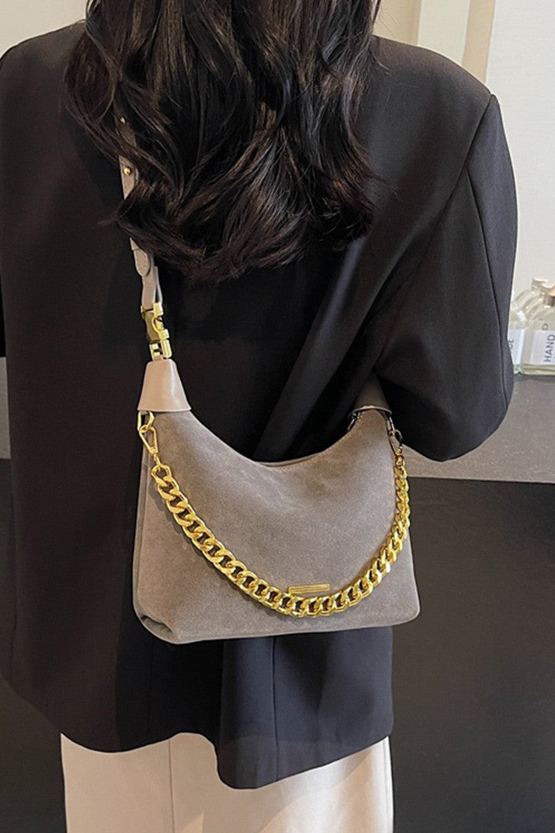 JJTL Suede Chain/Leather Handle Crossbody Bag GRY