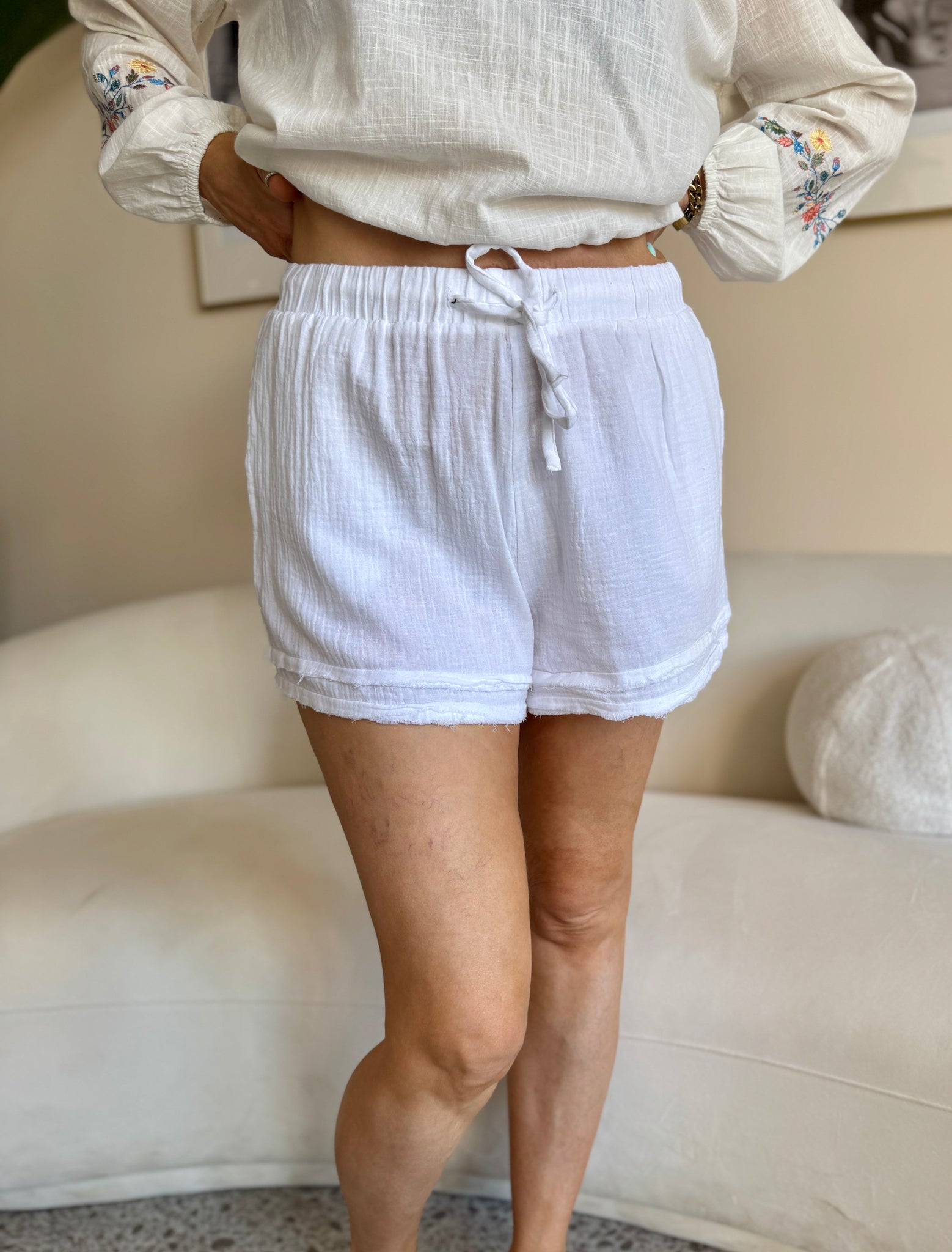 RD Style Marla Pull On Drawstring Shorts WHT