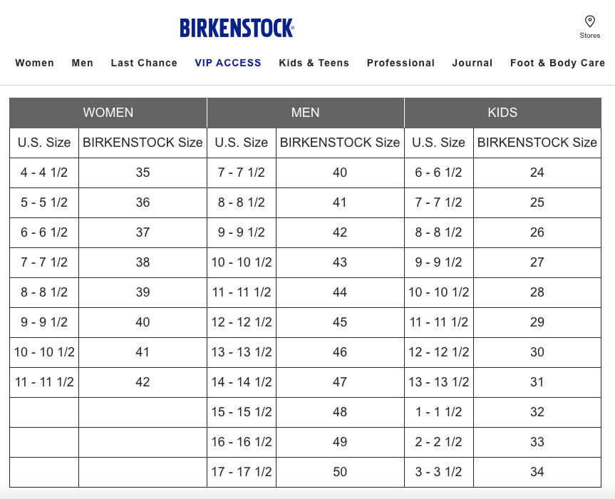 Product Size Chart