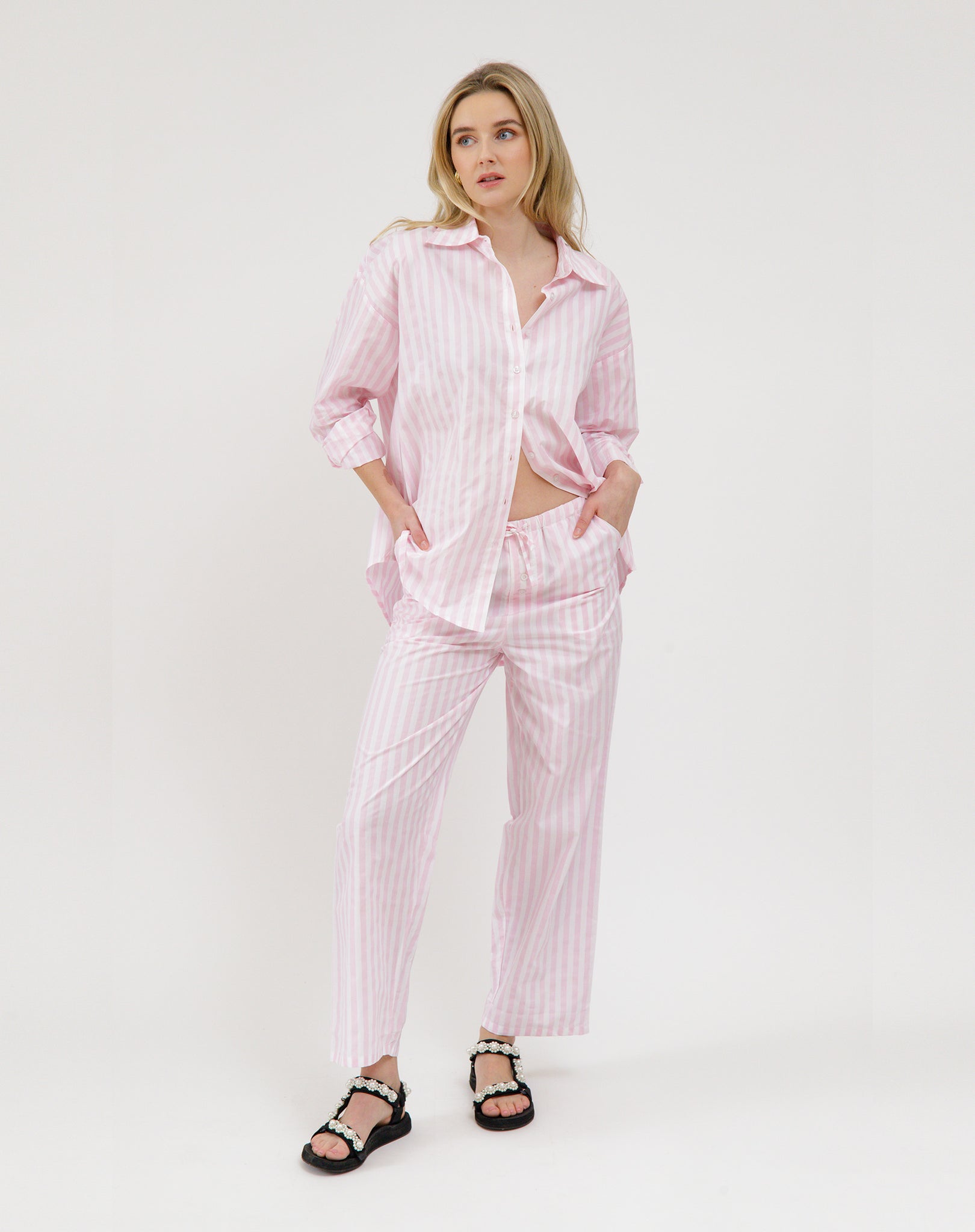 Brunette The Label Stripe Poplin Drawstring Pants PNK/WHT
