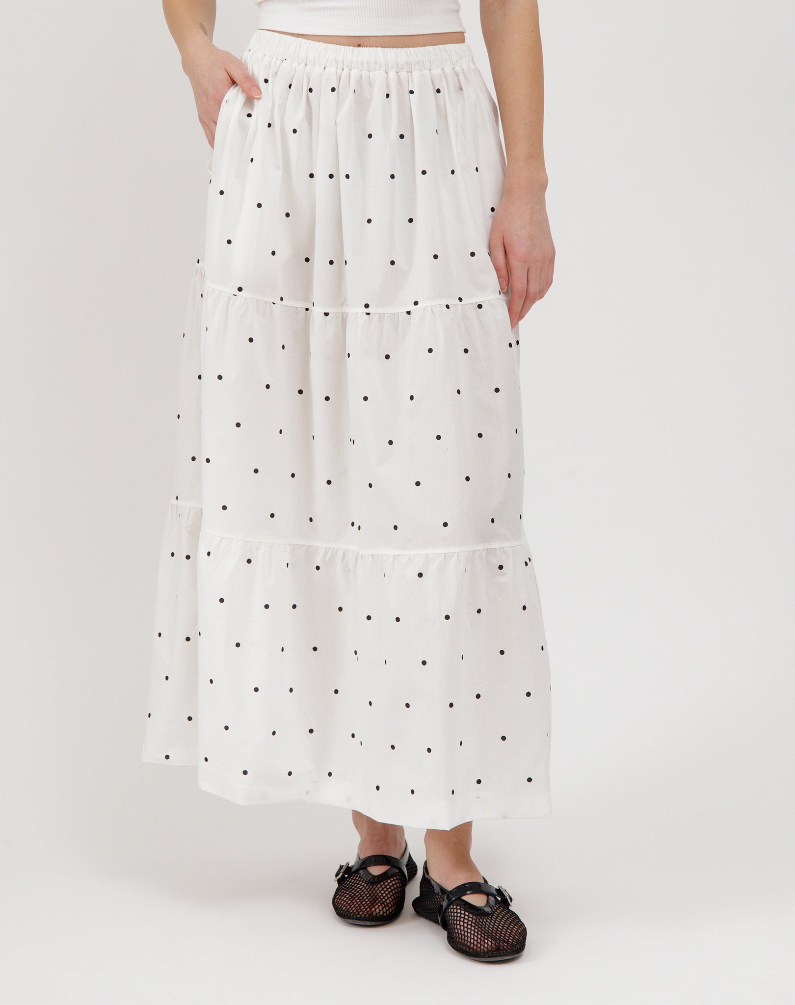 Brunette The Label Dot Poplin Tiered Skirt WHT/BLK