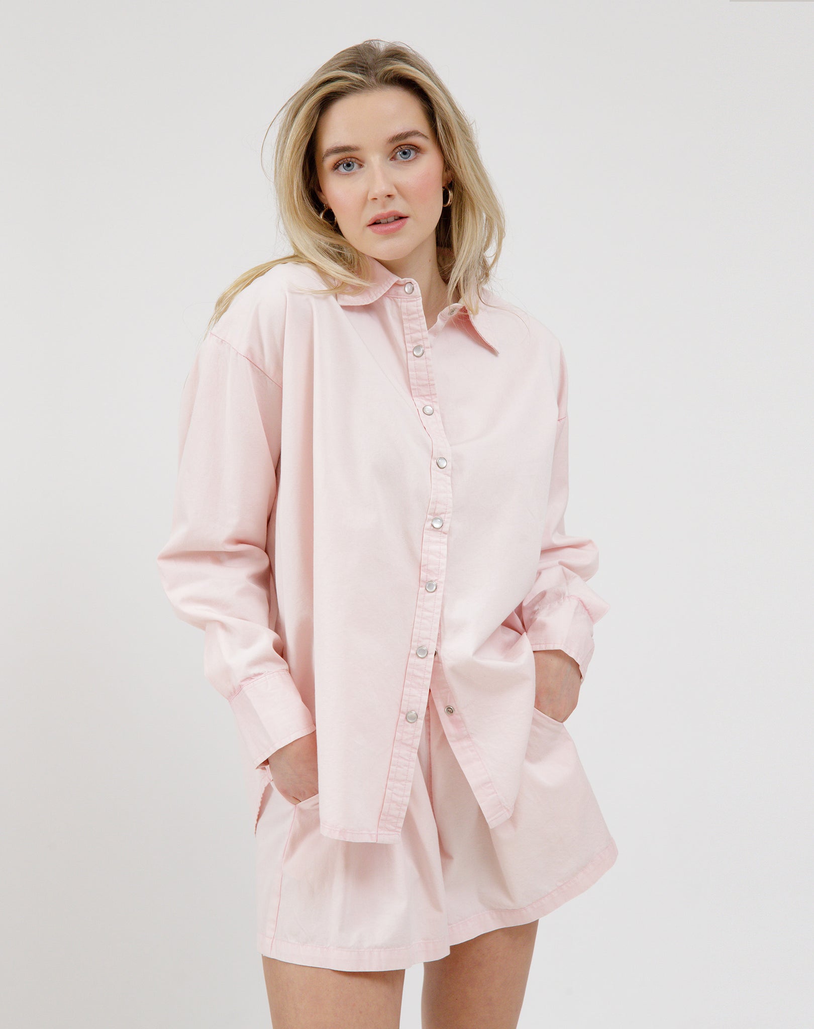 Brunette The Label Chambray Pearl Snap Button Up PNK