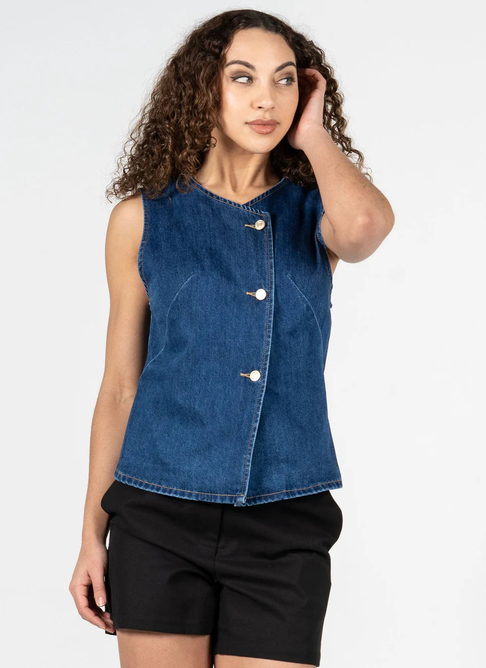 C'est Moi Denim Button Down Long Vest dark indigo