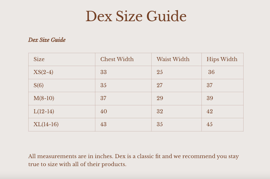 Product Size Chart
