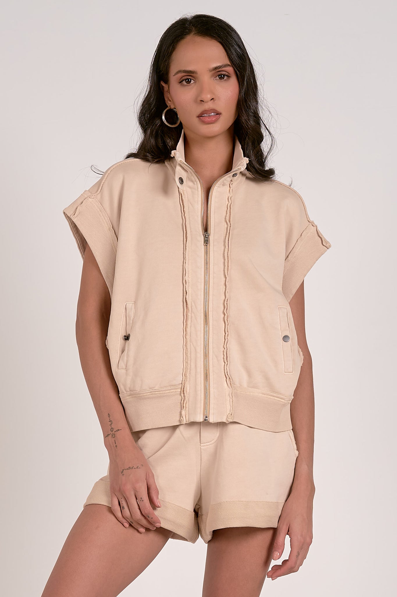 Elan Elenore Zipper Front Sweatshirt Vest SAND