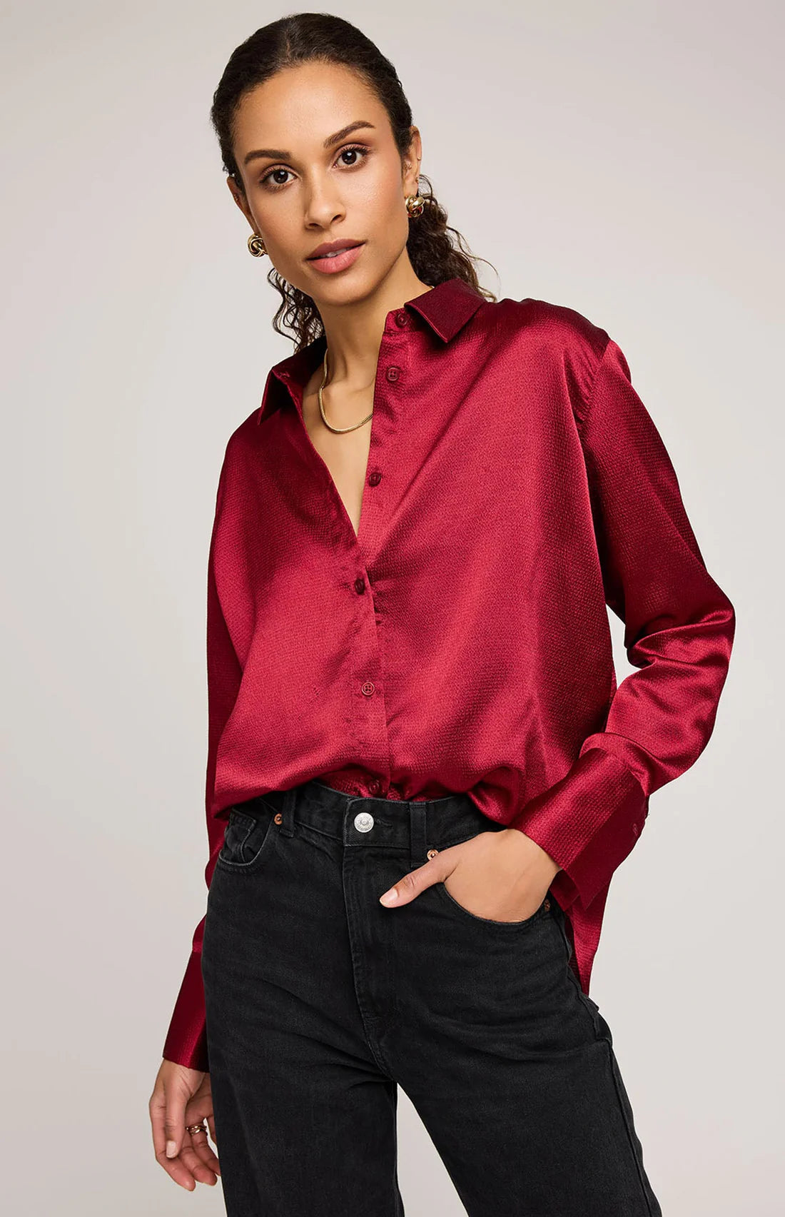 Gentle Fawn Simone Satin Button Down Shirt CRIM