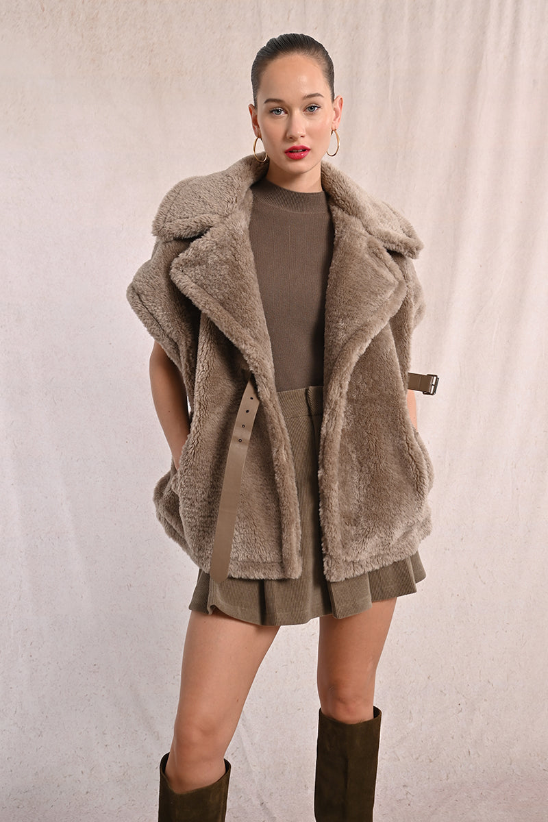Molly Bracken Belted Fur Vest MARRON