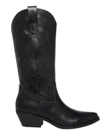A black leather cowboy boot with decorative stitching and a pointed toe, shown from a side profile against a light gray background.