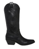 A black leather cowboy boot with decorative stitching and a pointed toe, shown from a side profile against a light gray background.