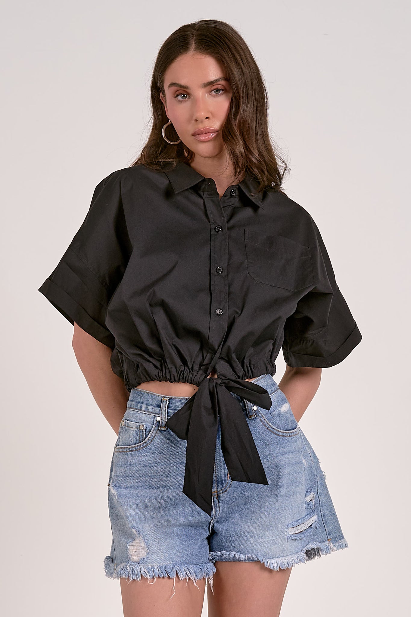 Elan Edison S/S Button Front Tie Blouse BLK