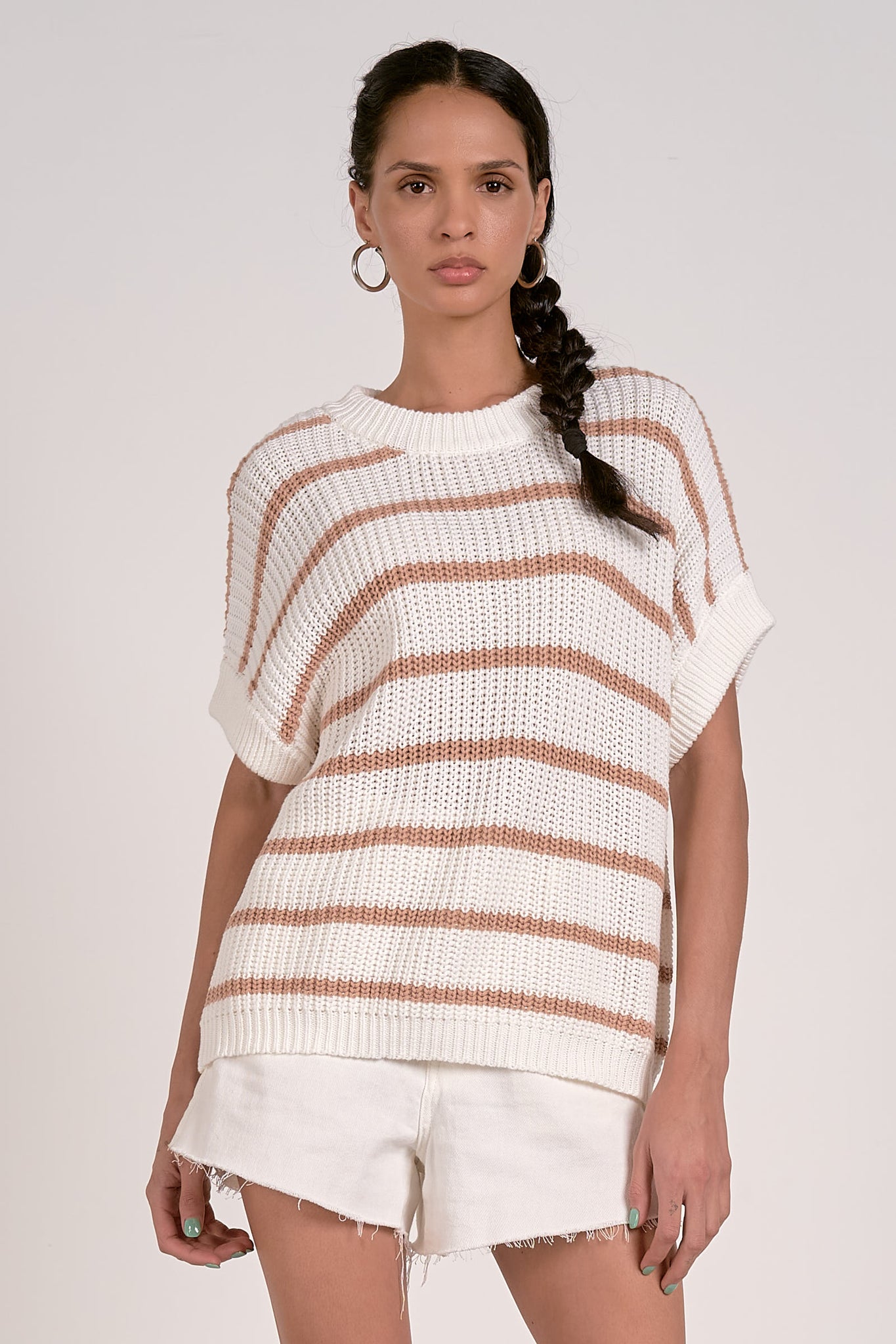 Elan Erin Stripe S/S Knit Sweater NATURAL