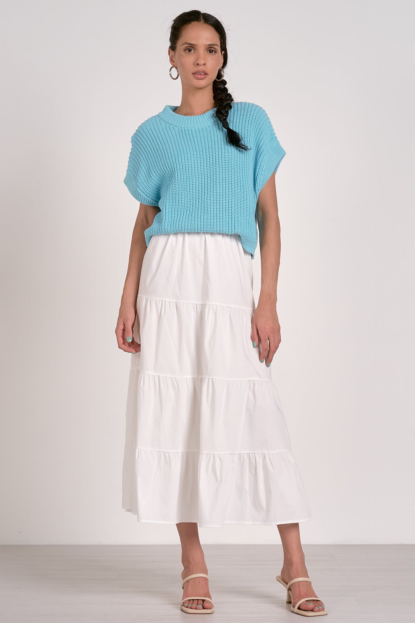 Elan Elliot Knit Top Cotton Midi Skirt Drs WHT/AQUA