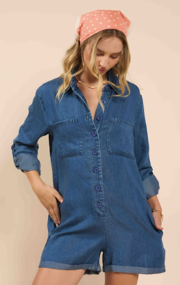 Sadie & Sage It's Pouring Buttoned L/S Romper CHAM