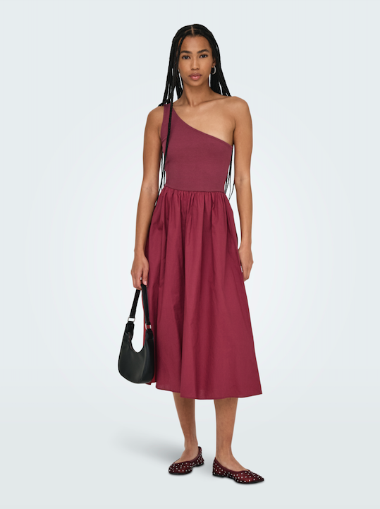 ONLY Iris 1 Shoulder Ribbed/Poplin Midi Dress