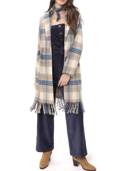Sadie & Sage Not So Prim Plaid Fringe Hem Coat BLU