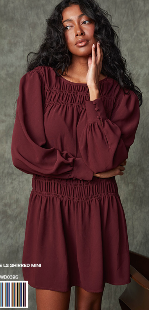 RD Style Lorence L/S Shirred Mini Dress PRUNE