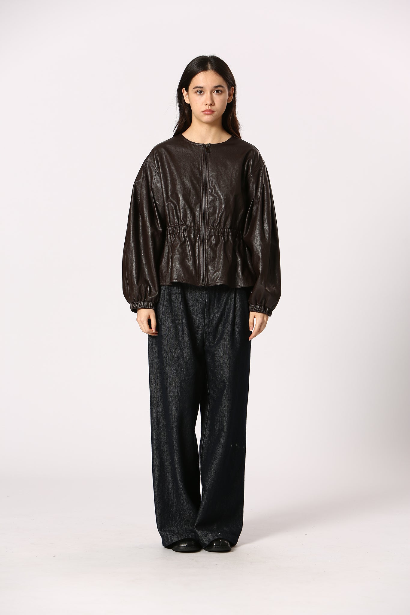 Korner Kole Vegan Leather Peplum Jacket DK BRN