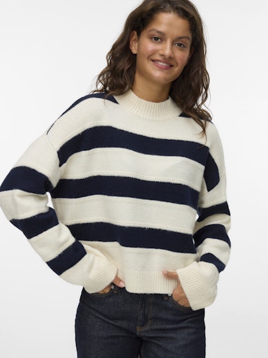 Vero Moda Inez L/S Highneck Stripe Sweater NVY/BIRCH