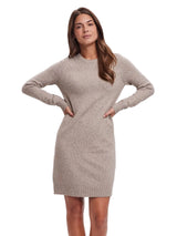 A woman modeling a long-sleeve, crew-neck knit dress in a heathered taupe-beige color, standing against a light gray studio background.