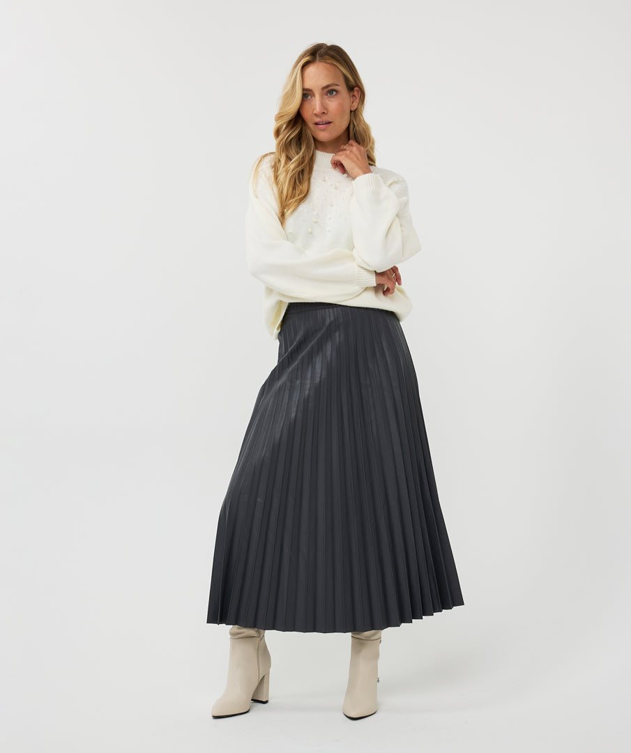 Esqualo Plisse Vegan Leather Midi Skirt GRY