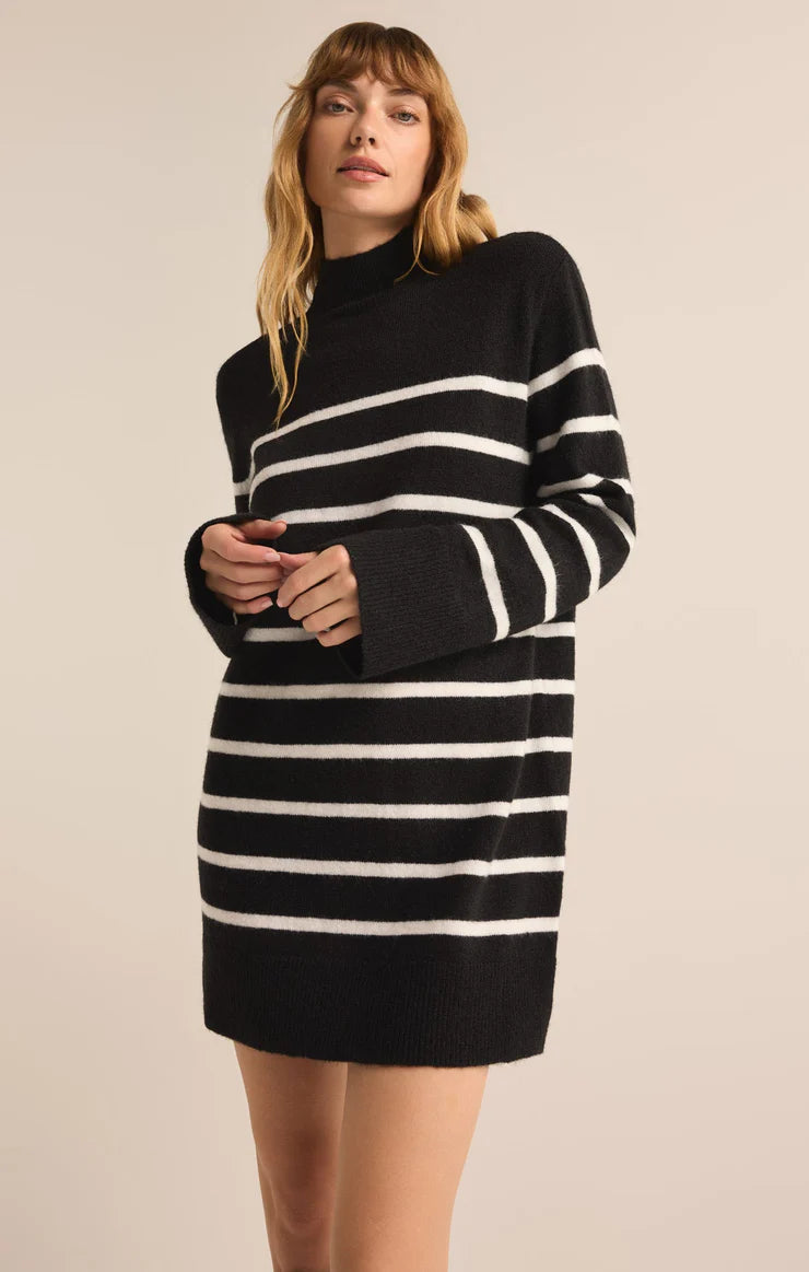 Z Supply Fin Stripe Turtleneck Sweater Dress BLK