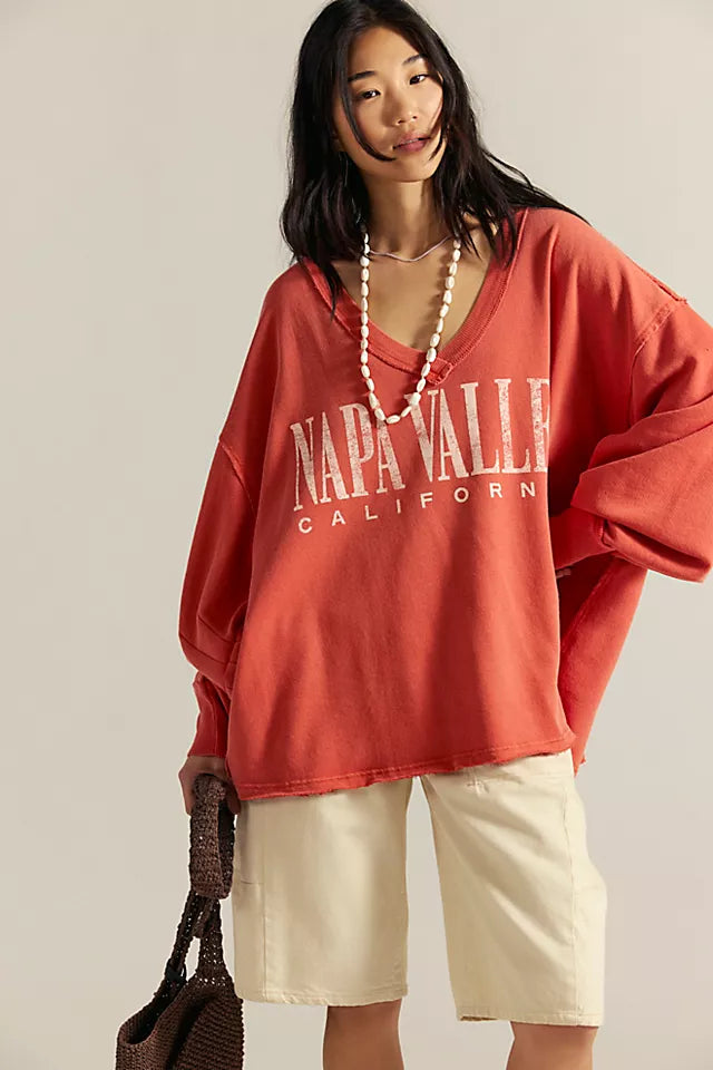 Free People Venice V Neck Graphic Sweatshirt SIENNA