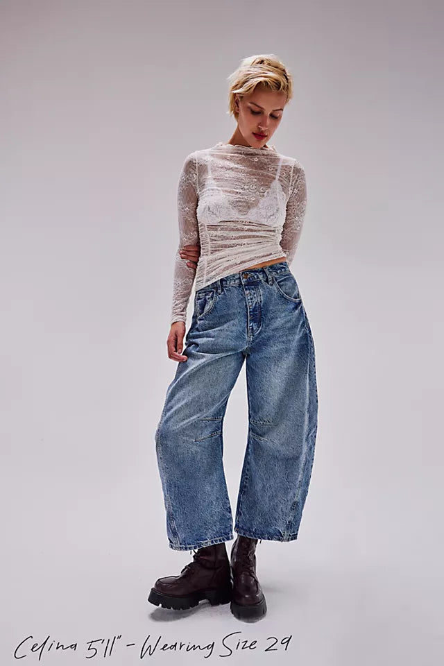 Free People Lucky You Mid Rise Barrel Jean LT BEAM