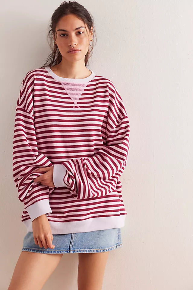 Free People Classic Striped Oversized Crew RASPBERRY