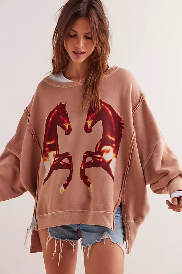 Free People Graphic Camden Pullover MIRRORED HORSES