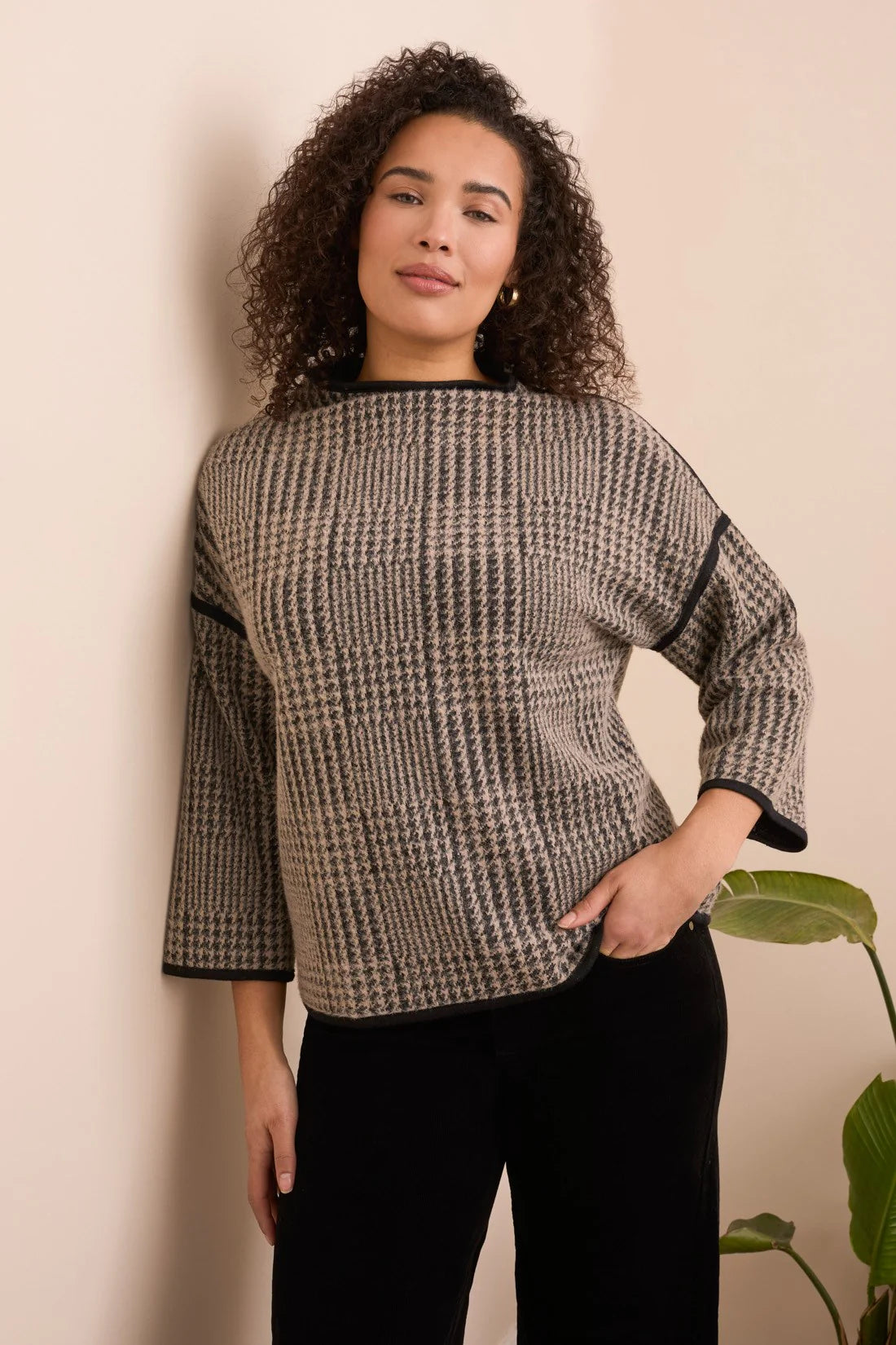 Tribal 3/4 Mock Neck Jacquard Top SANDSTONE