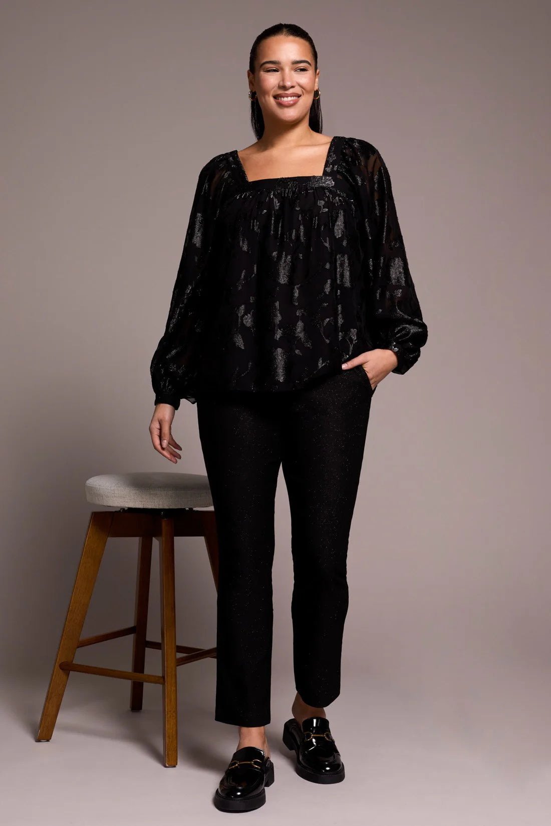 Tribal Square Neck Puff Sleeve Blouse BLK