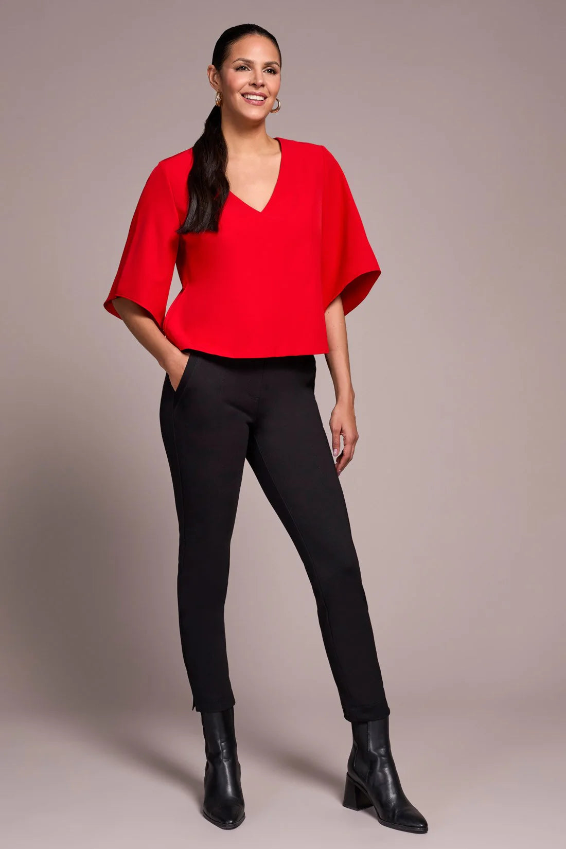 Tribal Crepe Flutter Sleeve Top CARMINE