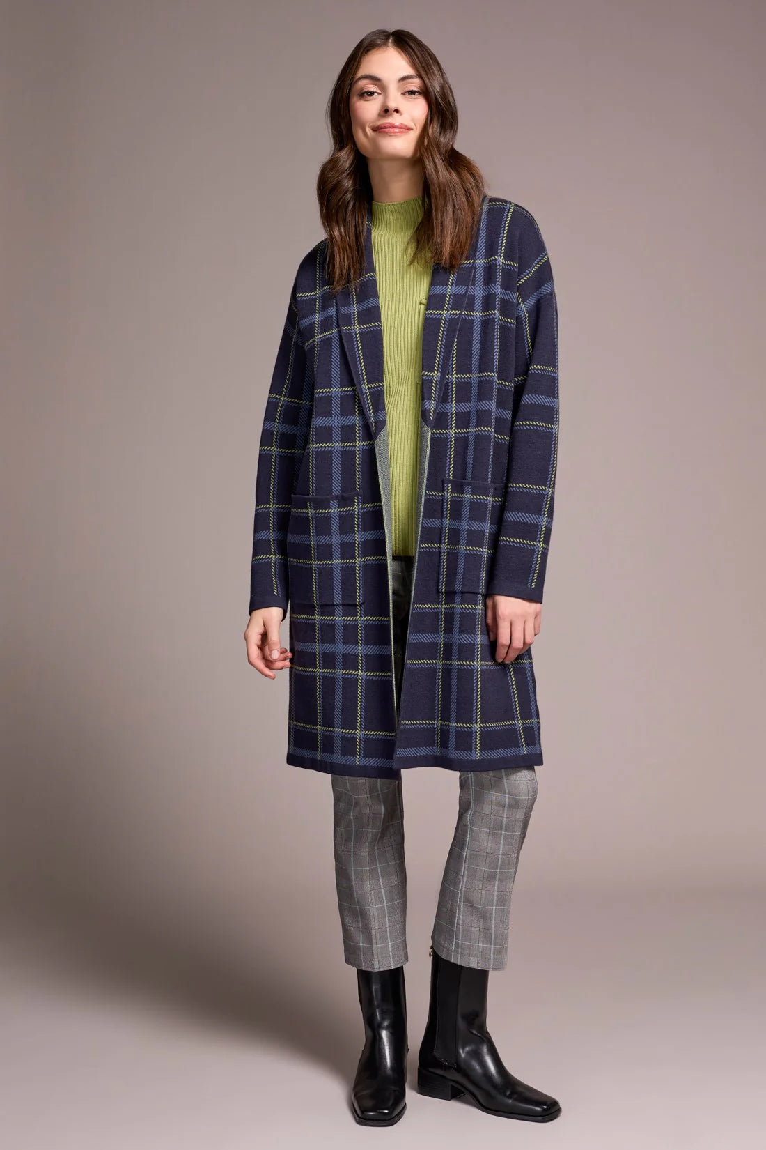 Tribal Double Knit Long Plaid Coatigan SAPPHIRE
