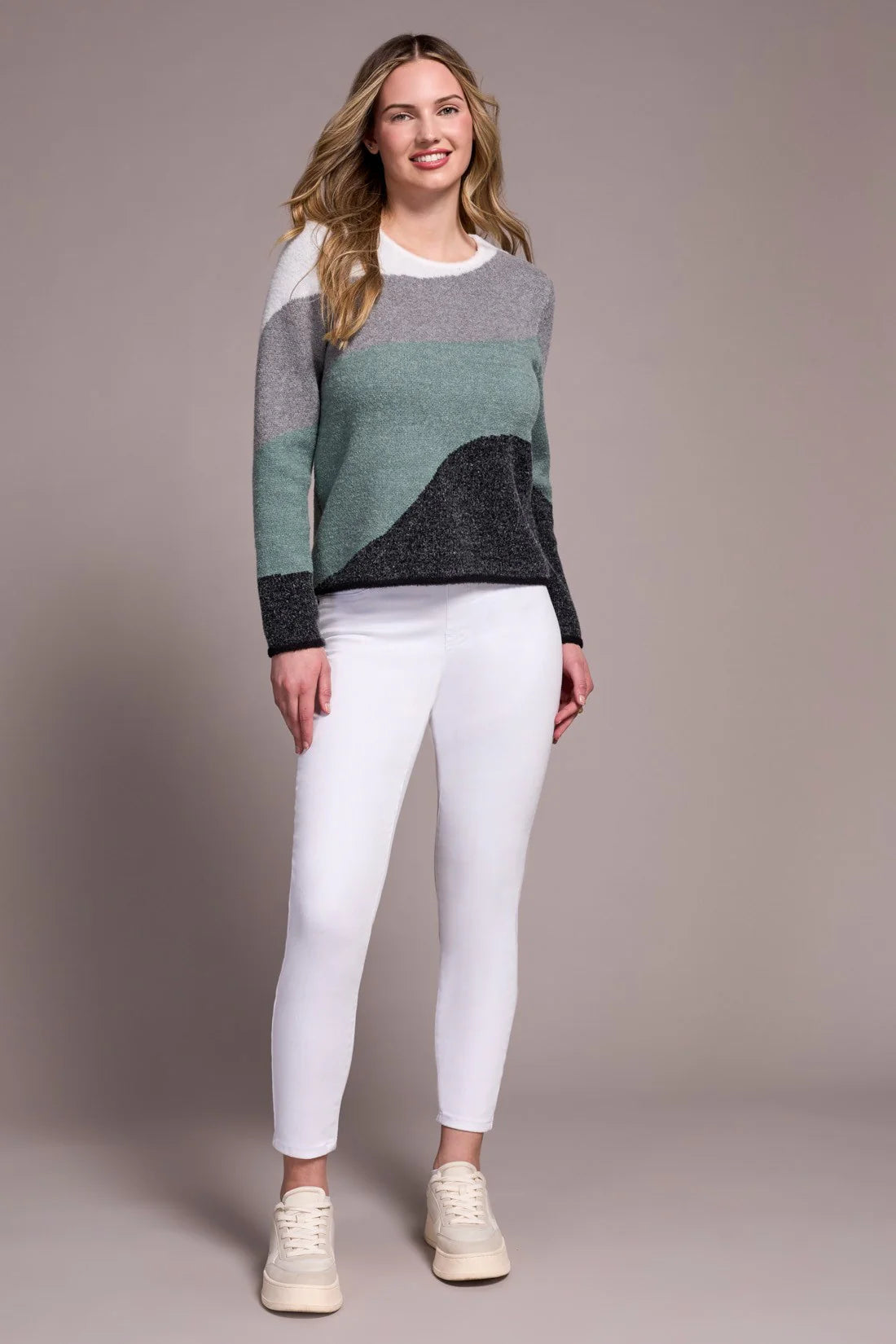 Tribal Fuzzy Double Knit Crew Neck Sweater SILVER PINE
