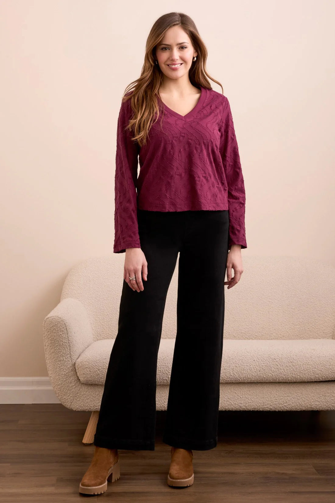 Tribal L/S Jacquard Knit V Neck Top WINE