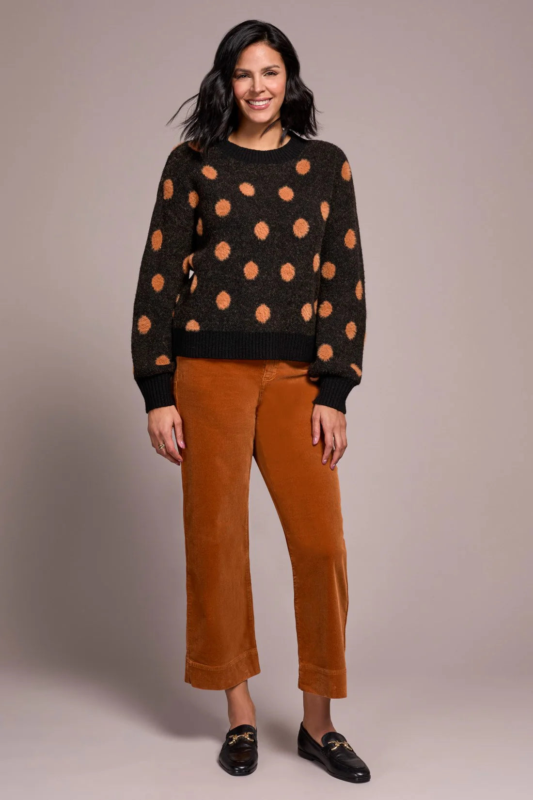 Tribal Knit Eyelash Polka Dot Sweater BLK